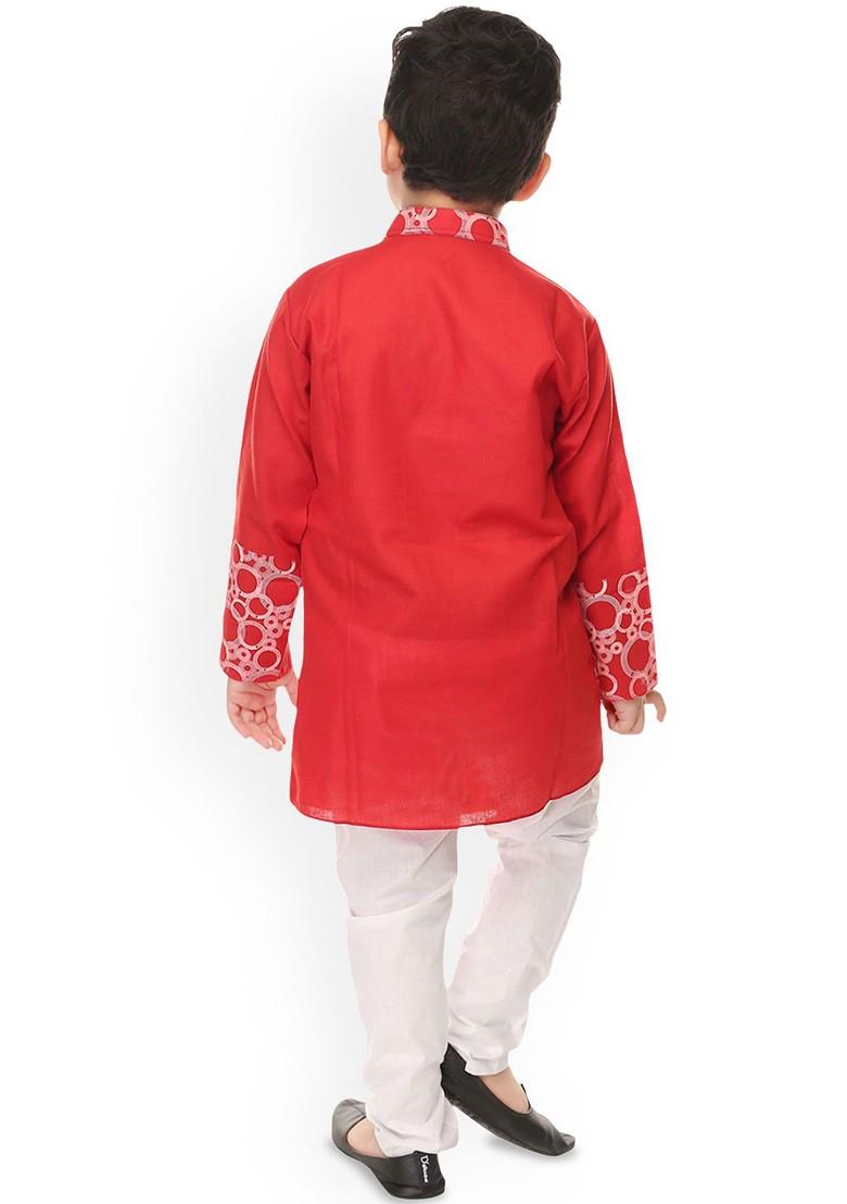 Red Printed Blended Kurta Set For Boys - Indya
