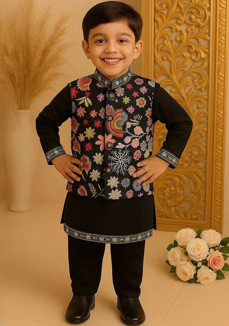 Black Printed Blended Kurta Set For Boys - Indya