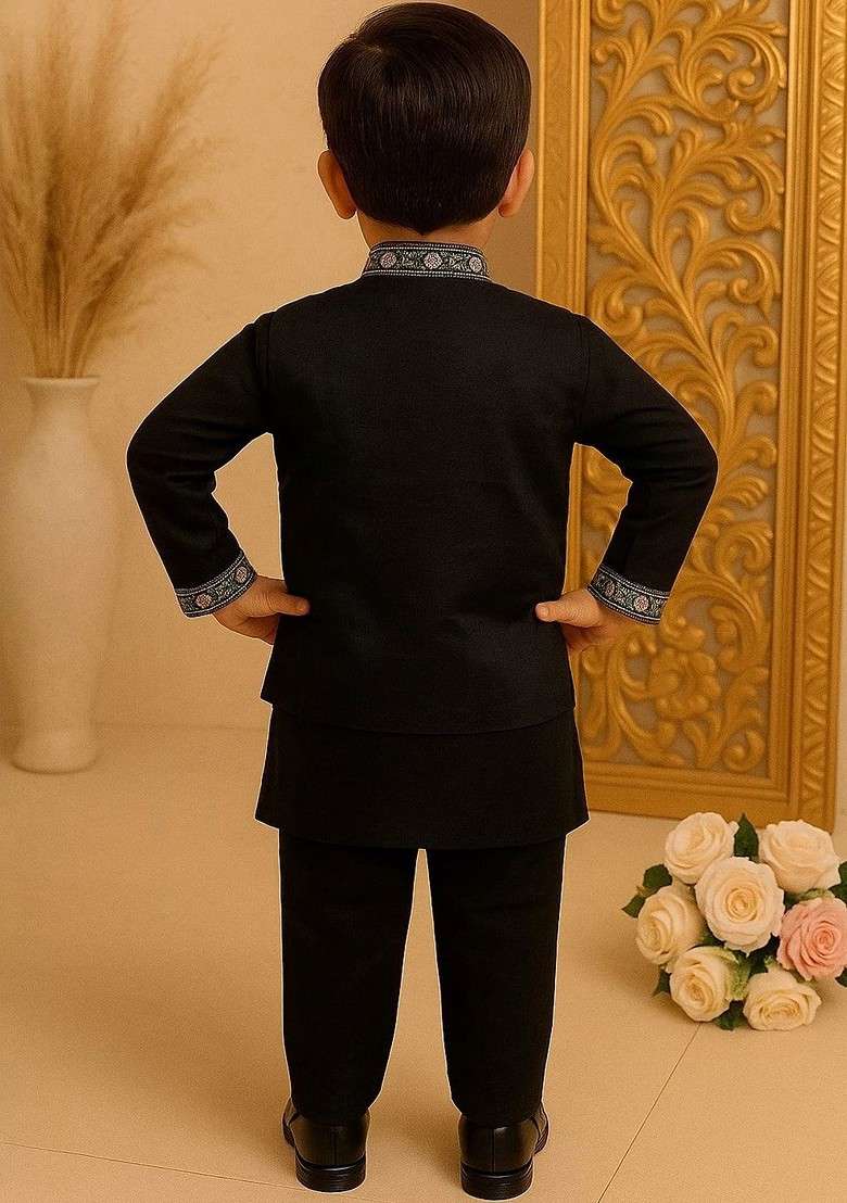 Black Printed Blended Kurta Set For Boys - Indya