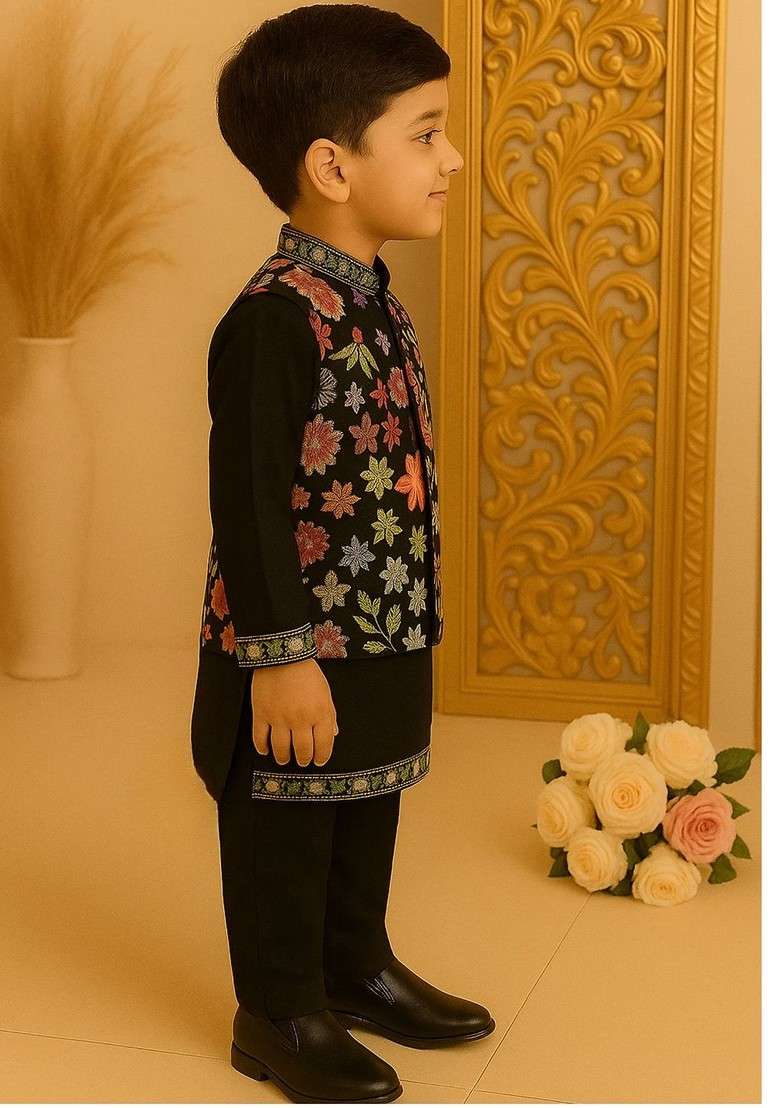 Black Printed Blended Kurta Set For Boys - Indya