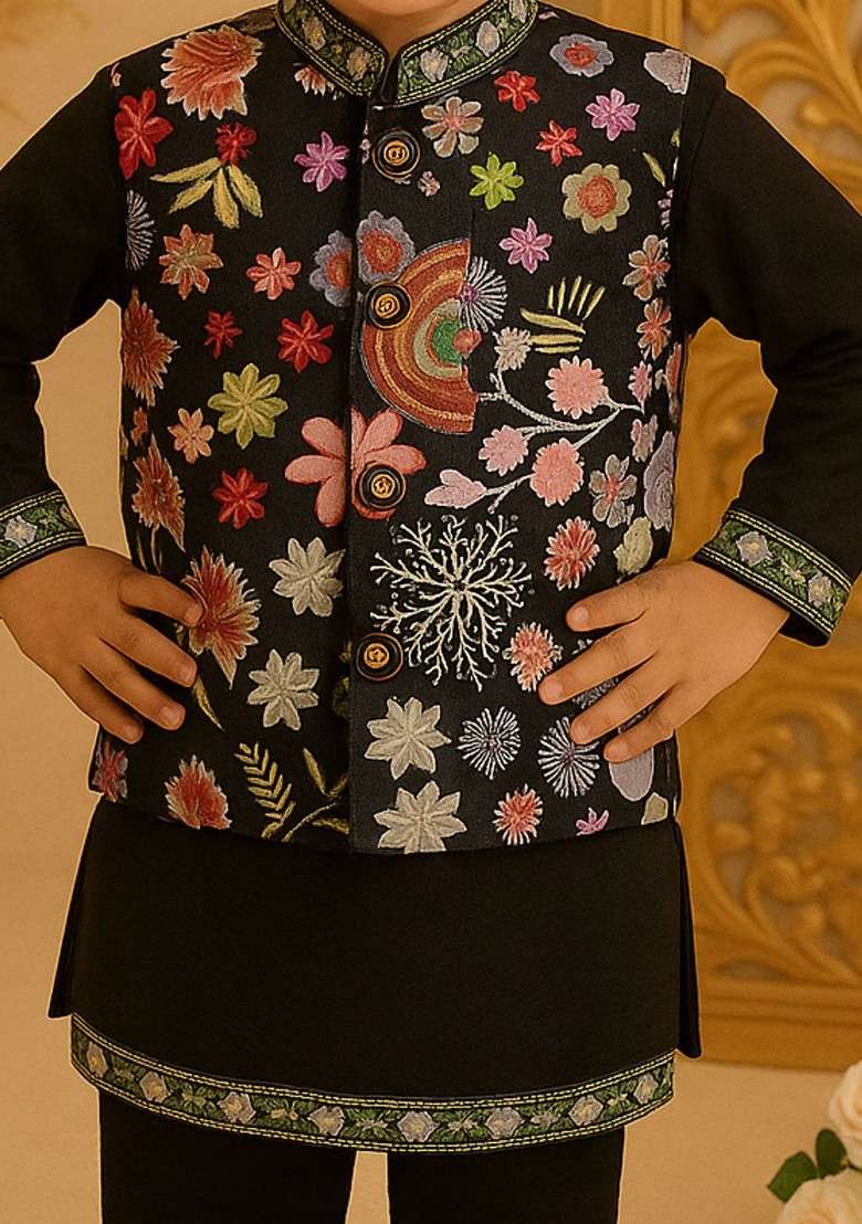 Black Printed Blended Kurta Set For Boys - Indya