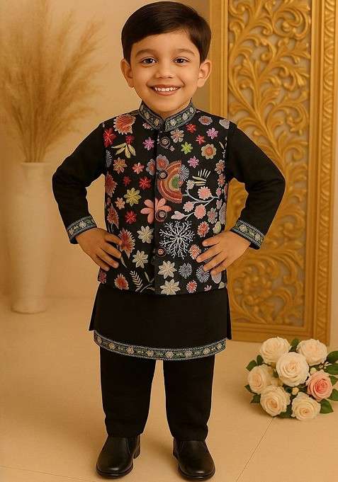 Black Printed Blended Kurta Set For Boys