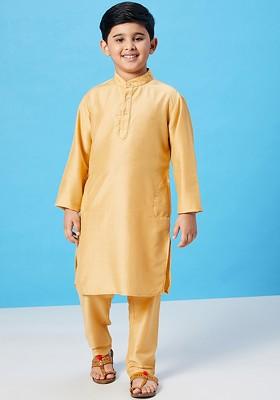 Yellow Embroidered Blended Kurta Set For Boys