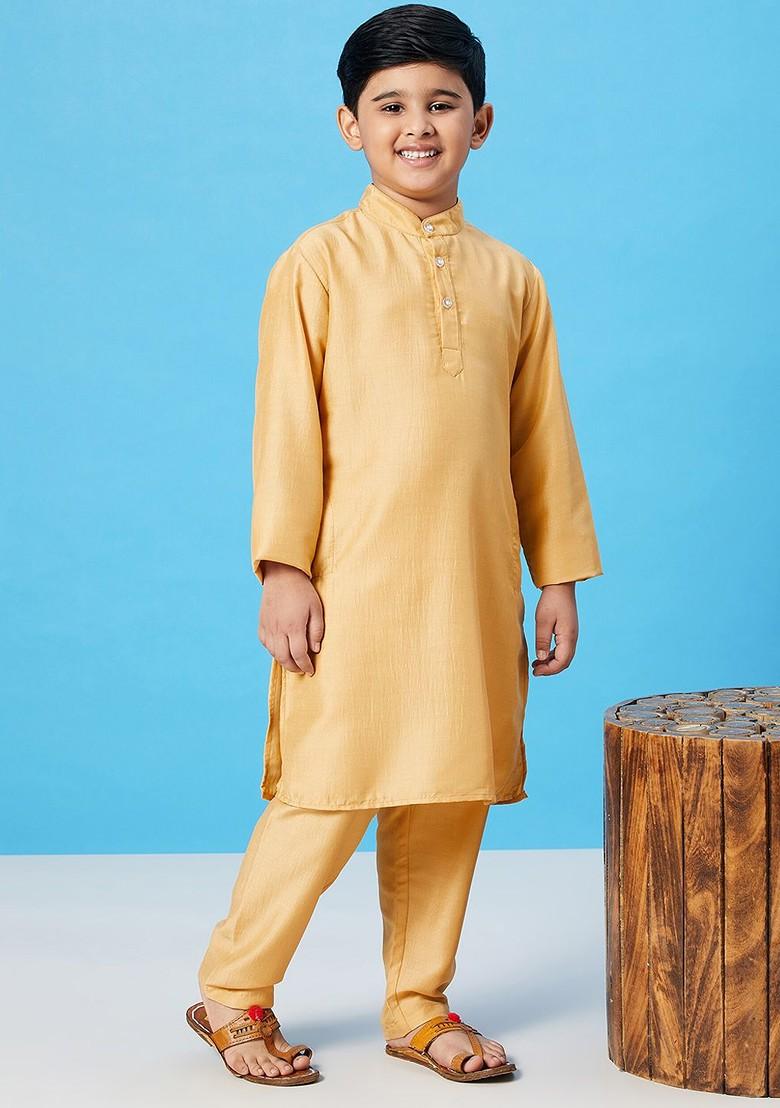 Yellow Embroidered Blended Kurta Set For Boys - Indya