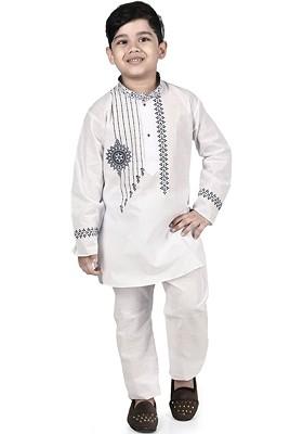 White Printed Blended Kurta Set For Boys