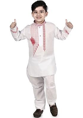 White Embroidered Blended Kurta Set For Boys