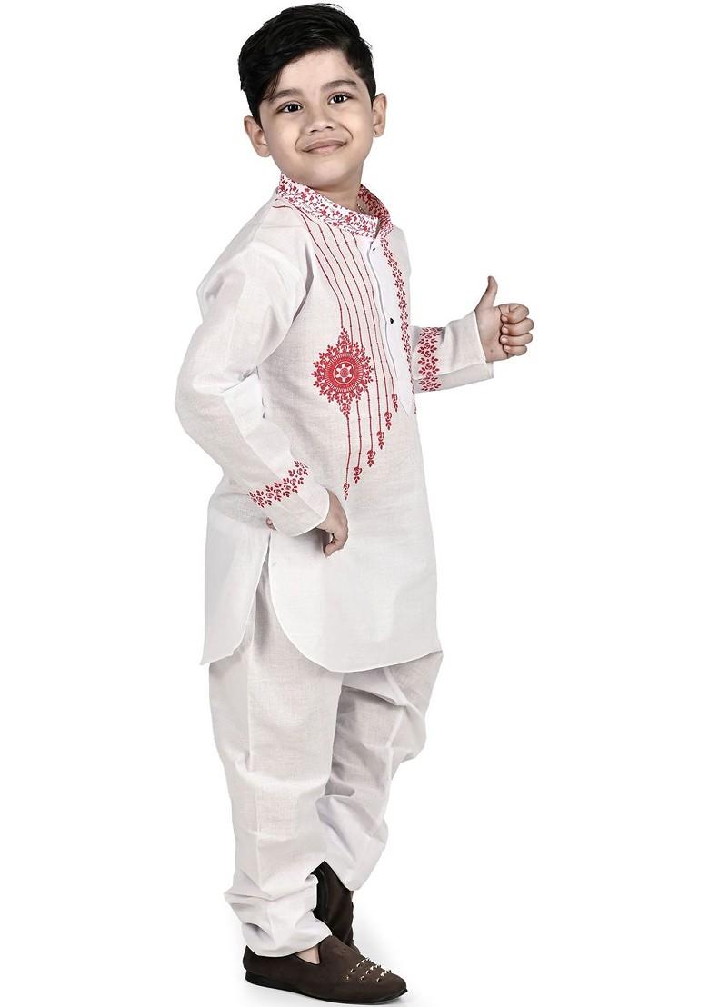 White Embroidered Blended Kurta Set For Boys - Indya