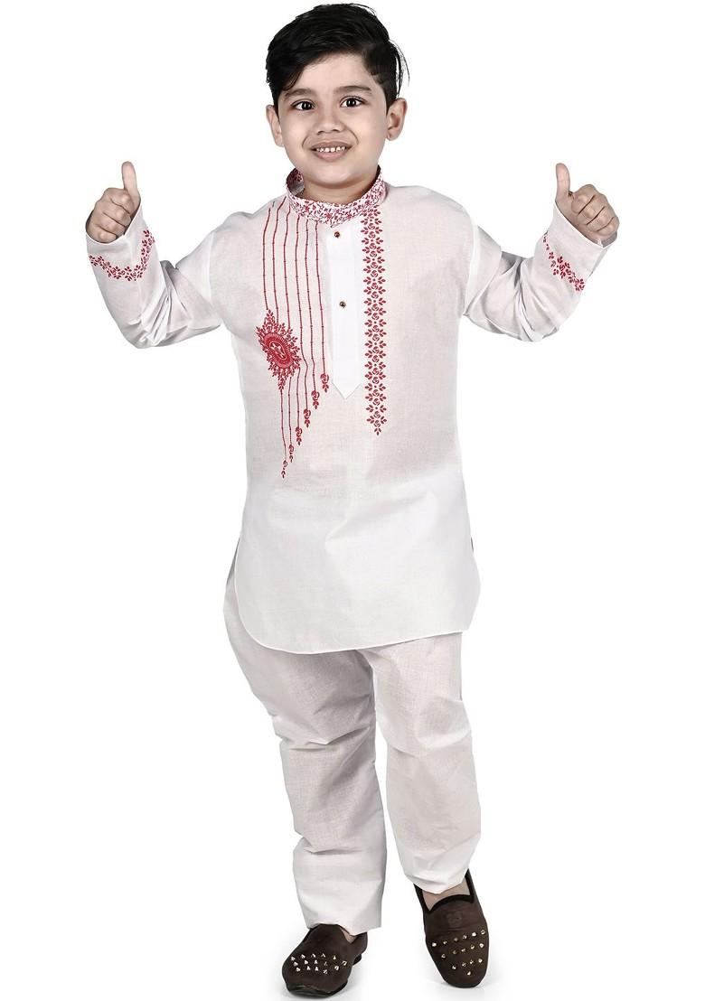 White Embroidered Blended Kurta Set For Boys - Indya