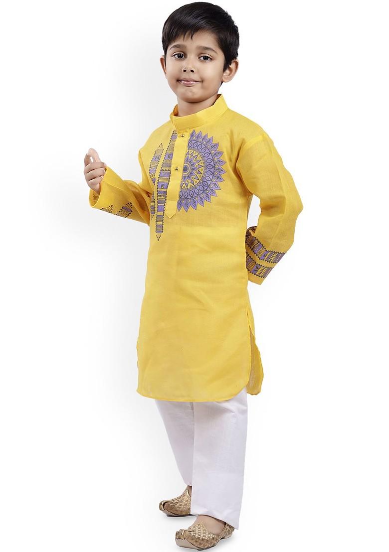 Yellow Yoke Design Blended Kurta Set For Boys - Indya