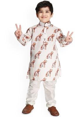 White Printed Blended Kurta Set For Boys