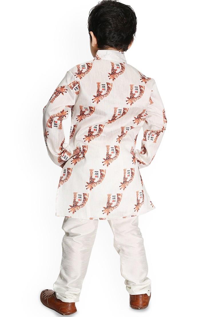 White Printed Blended Kurta Set For Boys - Indya