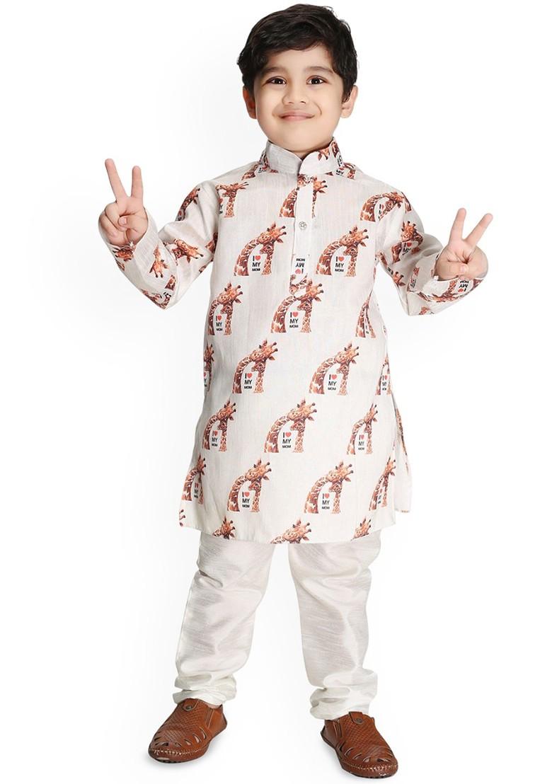White Printed Blended Kurta Set For Boys - Indya