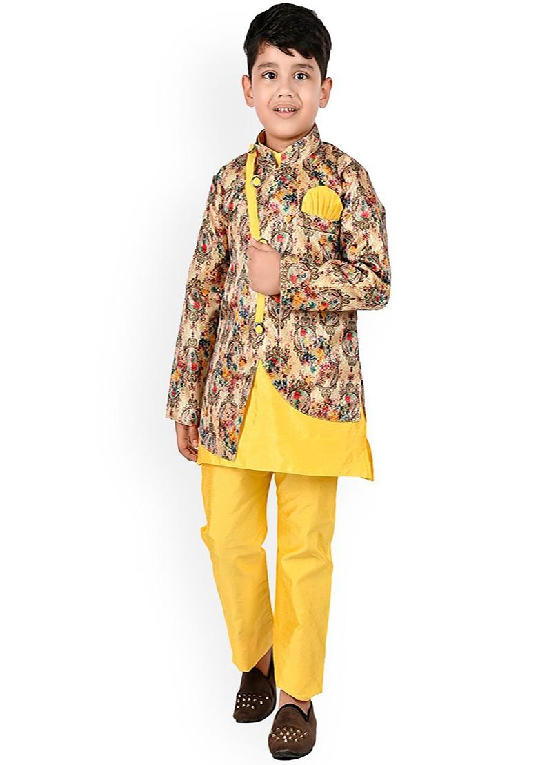 Yellow Embroidered Blended Kurta Set For Boys - Indya