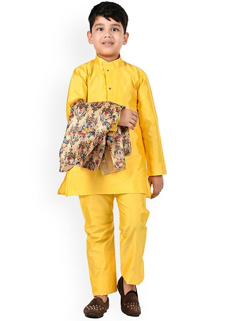 Yellow Embroidered Blended Kurta Set For Boys - Indya