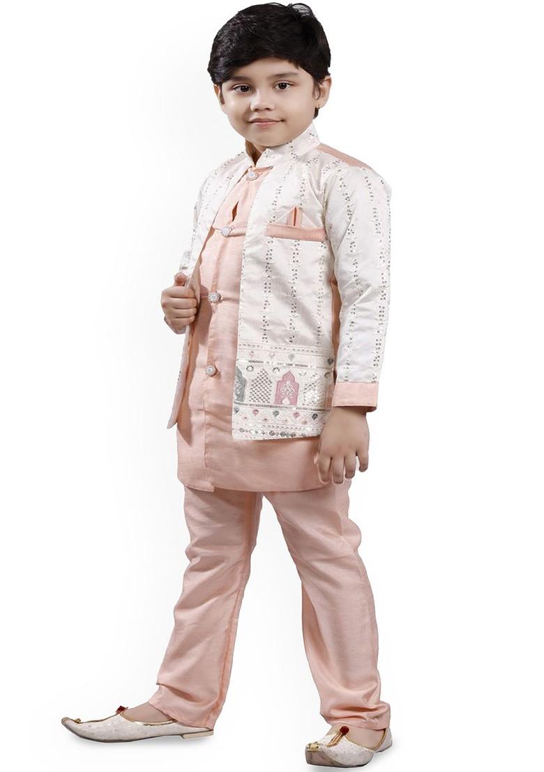 Orange Thread Work Blended Kurta Set For Boys - Indya