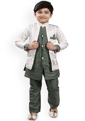 Green Embroidered Blended Kurta Set For Boys