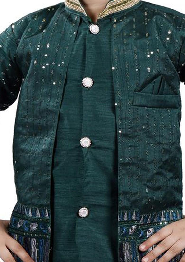 Green Embroidered Blended Kurta Set For Boys - Indya