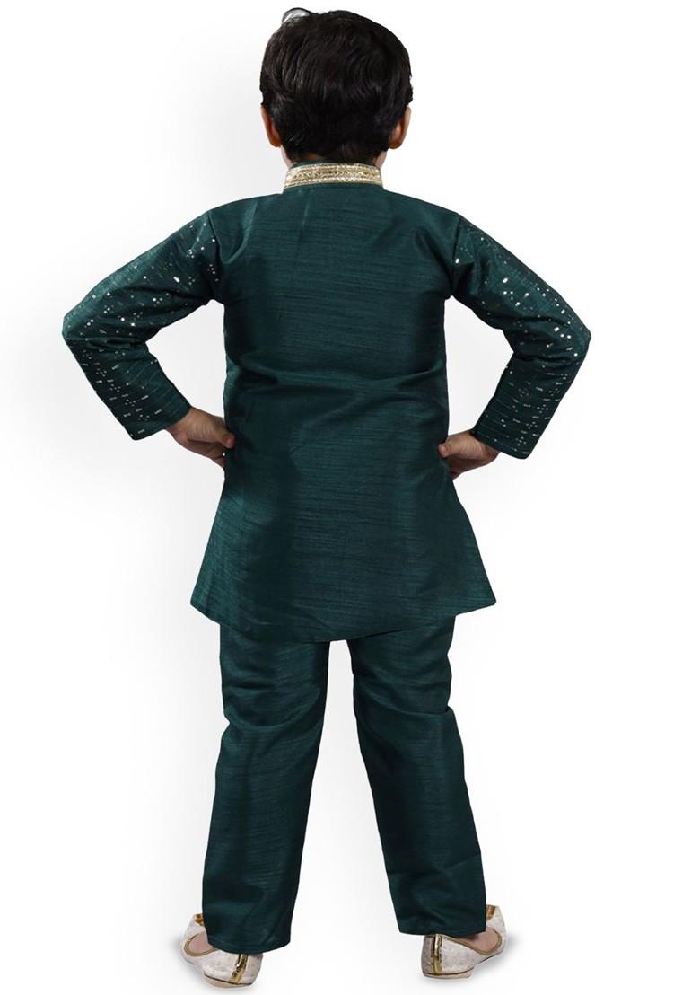 Green Embroidered Blended Kurta Set For Boys - Indya