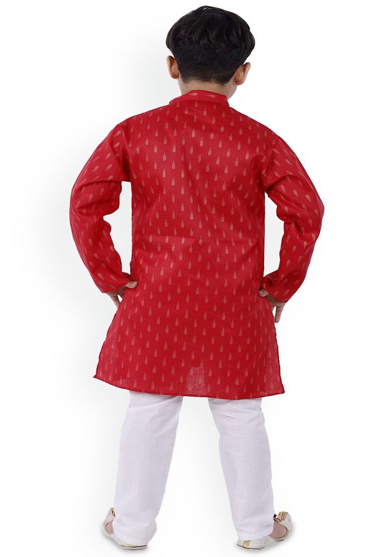Red Printed Blended Kurta Set For Boys - Indya