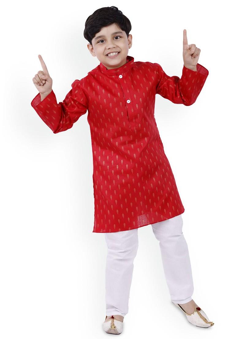 Red Printed Blended Kurta Set For Boys - Indya
