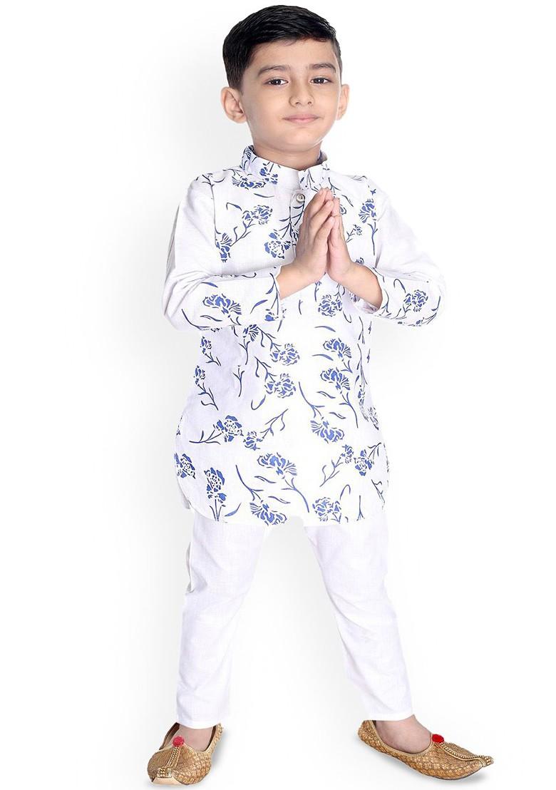 White Printed Blended Kurta Set For Boys - Indya