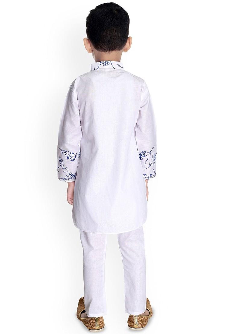 White Printed Blended Kurta Set For Boys - Indya