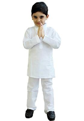White Embroidered Cotton Kurta Set For Boys