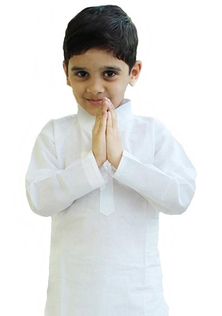 White Embroidered Cotton Kurta Set For Boys - Indya