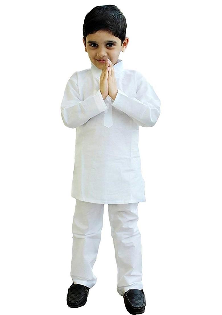 White Embroidered Cotton Kurta Set For Boys - Indya