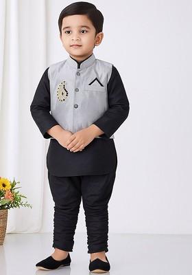 Black Embroidered Blended Nehru Jacket Set For Boys