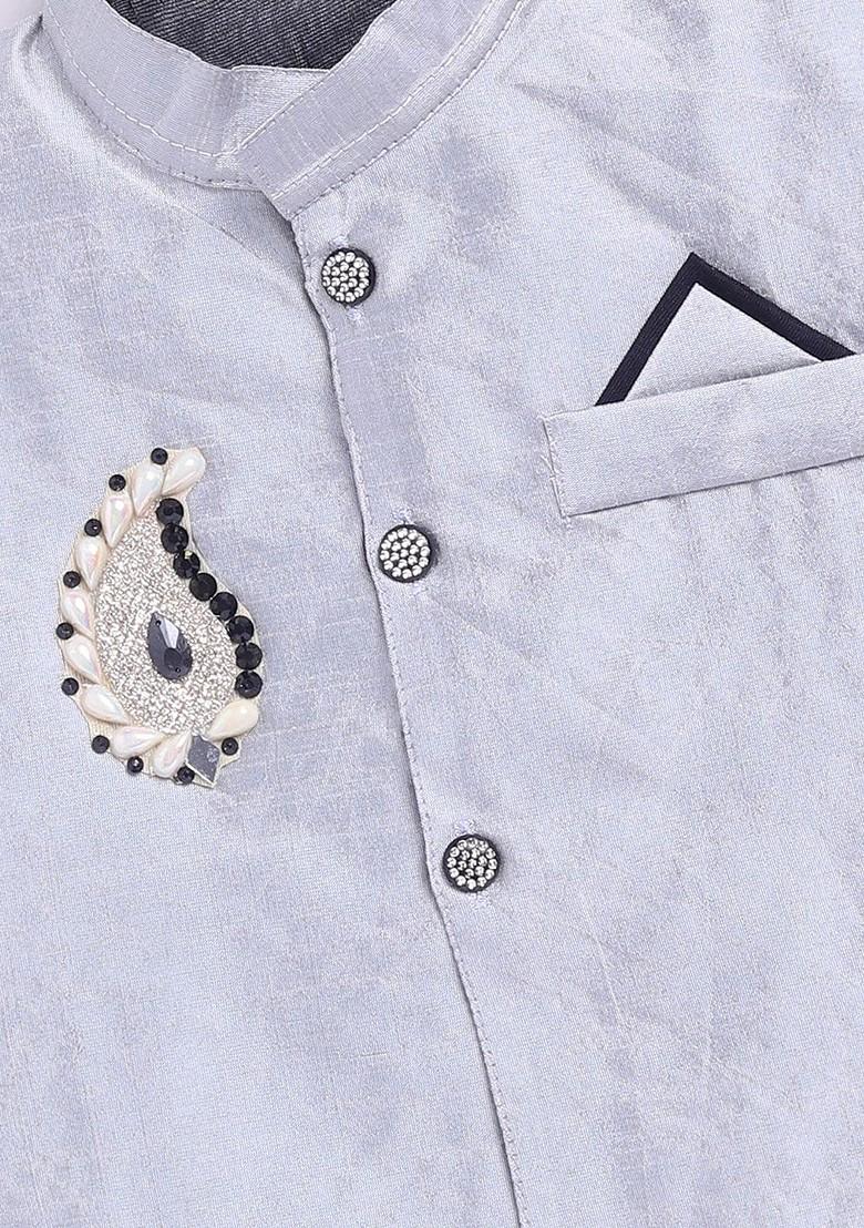 Black Embroidered Blended Nehru Jacket Set For Boys - Indya