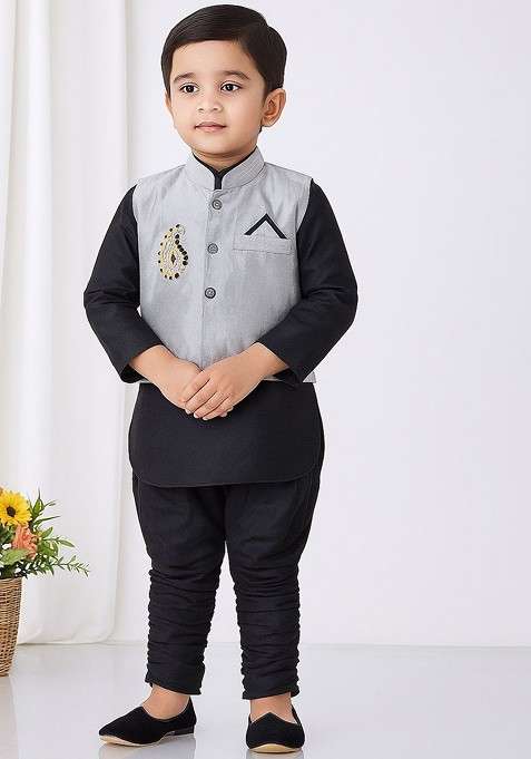 Black Embroidered Blended Nehru Jacket Set For Boys