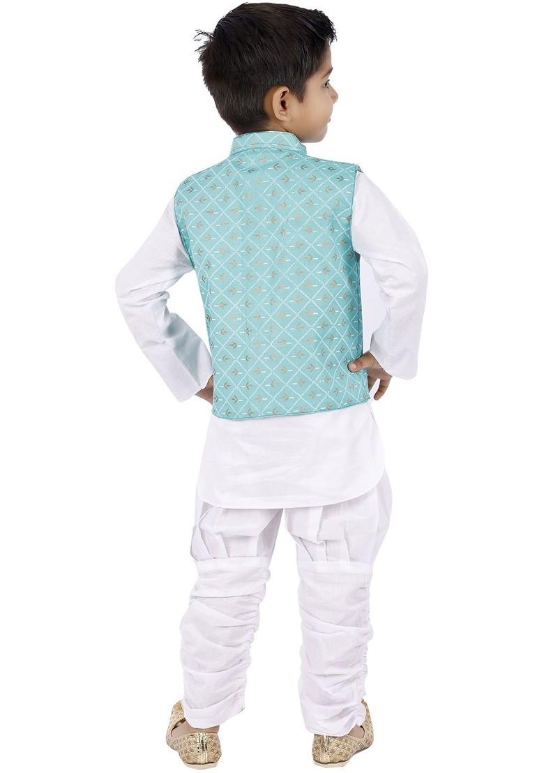 White Printed Blended Nehru Jacket Set For Boys - Indya