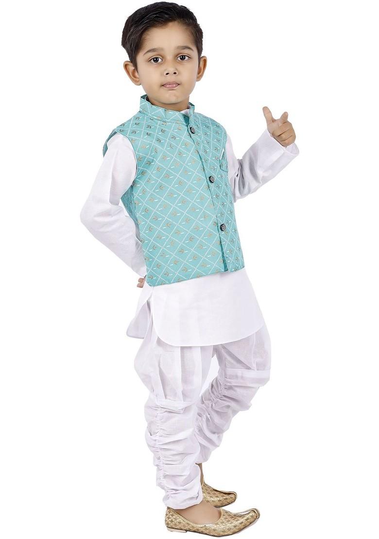 White Printed Blended Nehru Jacket Set For Boys - Indya