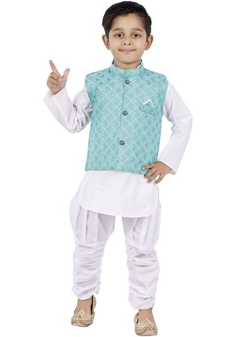 White Printed Blended Nehru Jacket Set For Boys