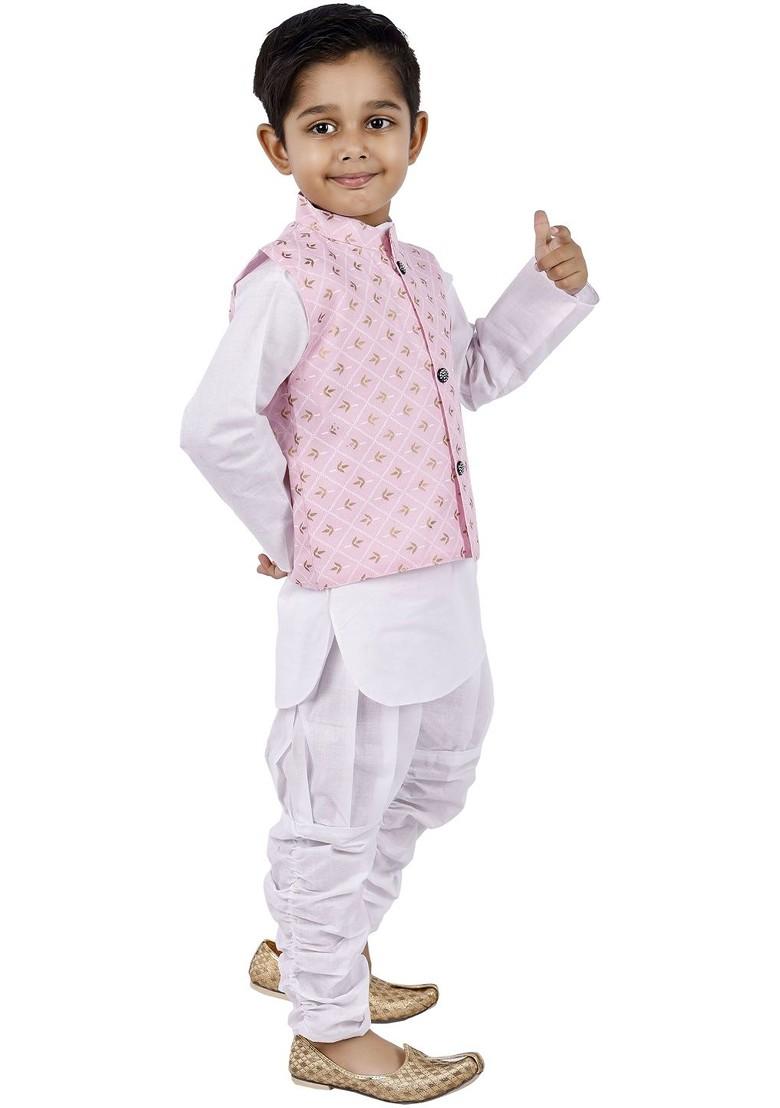 White Solid Blended Kurta Set For Boys - Indya