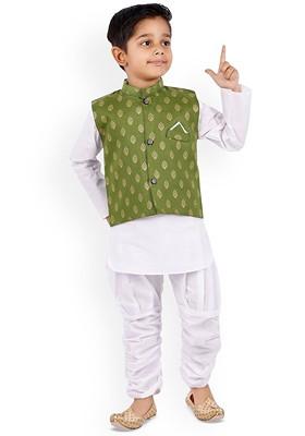 Green Solid Blended Kurta Set For Boys