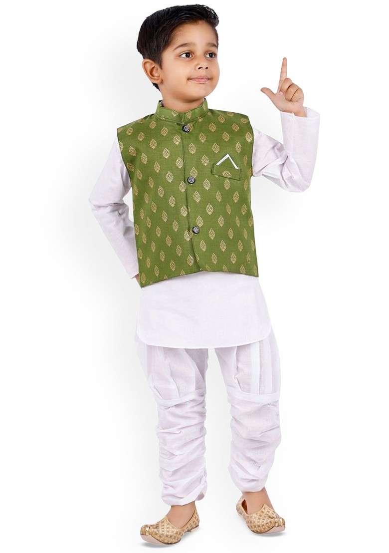 Green Solid Blended Kurta Set For Boys - Indya