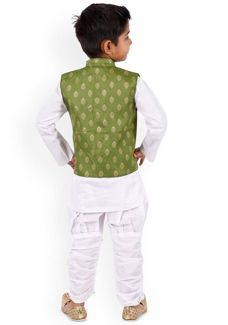 Green Solid Blended Kurta Set For Boys - Indya