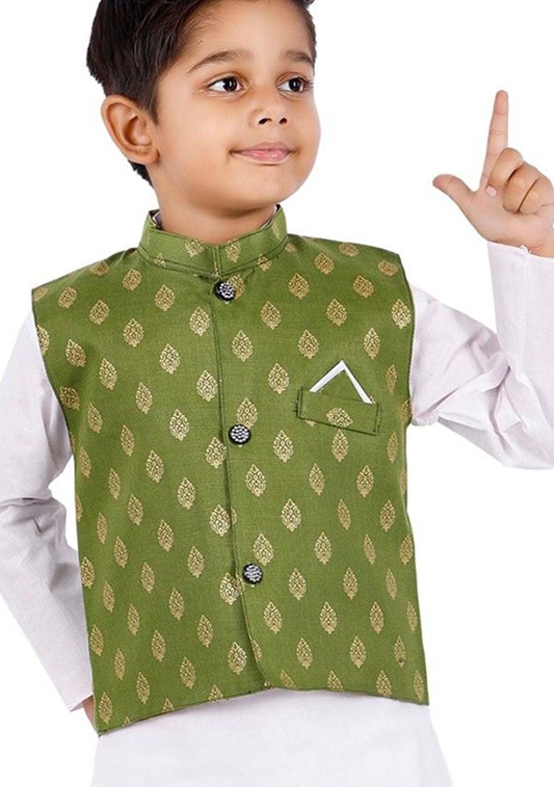 Green Solid Blended Kurta Set For Boys - Indya