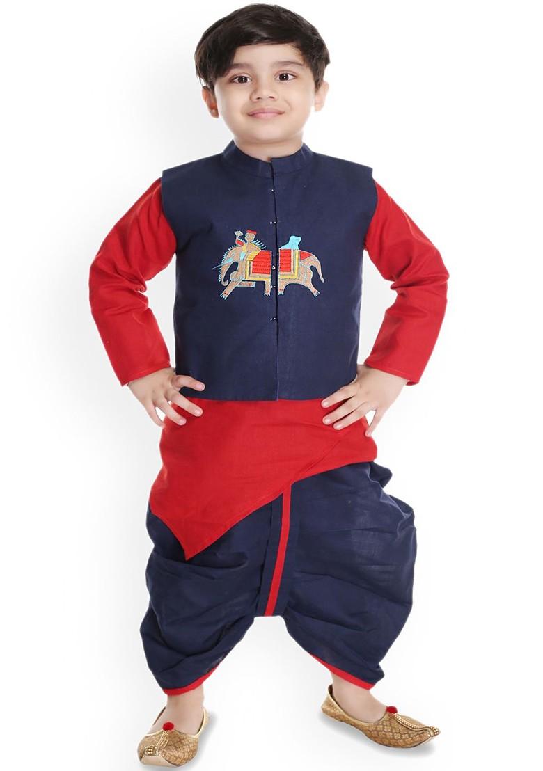 Navy Blue Embroidered Blended Kurta Dhoti Set For Boys - Indya