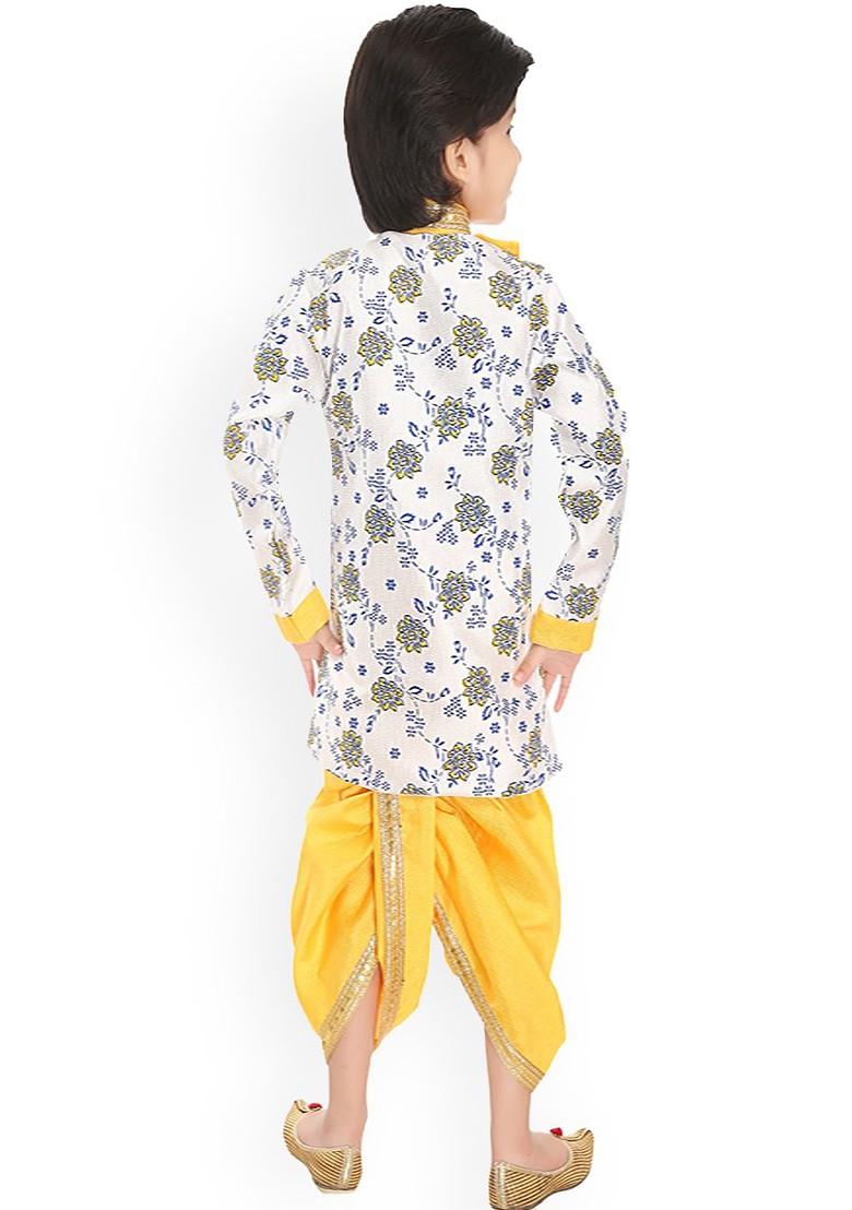 Yellow Printed Blended Kurta Dhoti Set For Boys - Indya