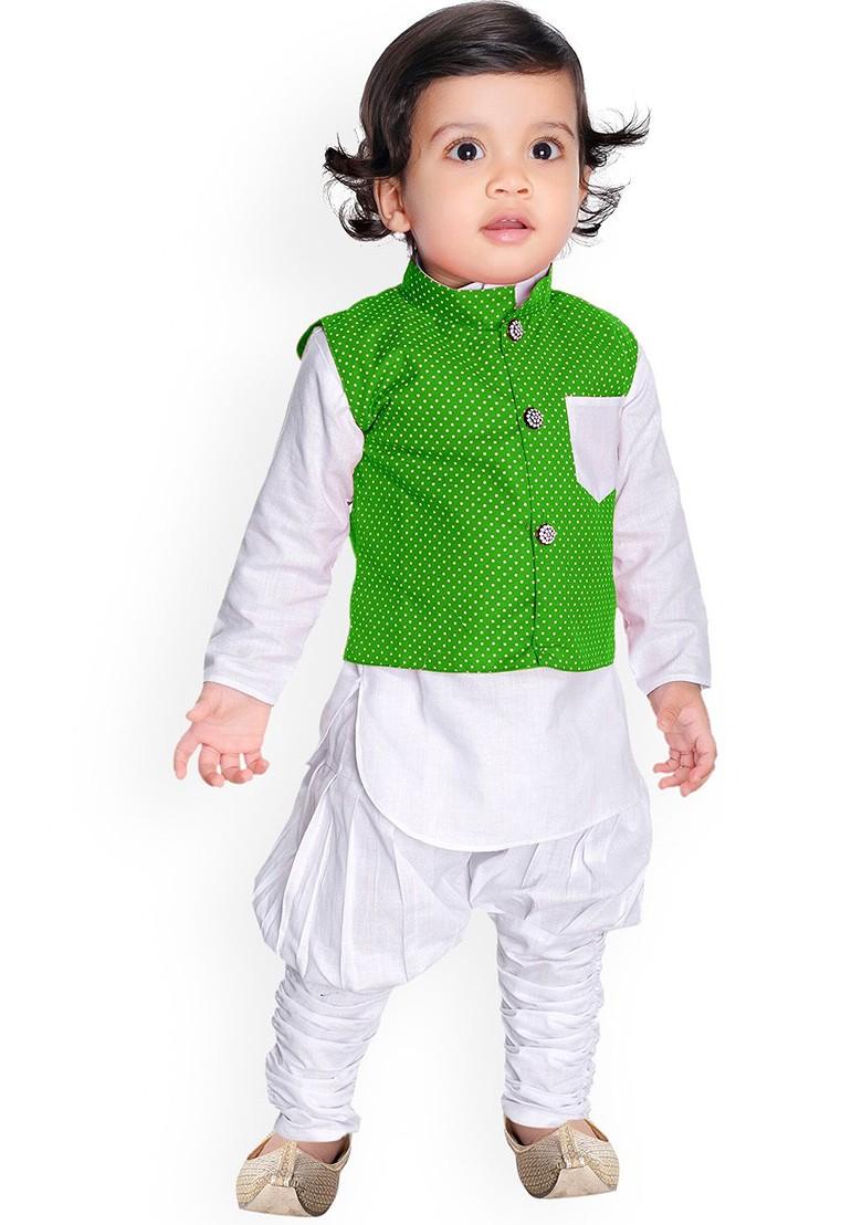 White Embroidered Cotton Kurta Set For Boys - Indya