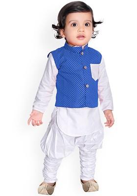 Blue Embroidered Cotton Nehru Jacket Set For Boys