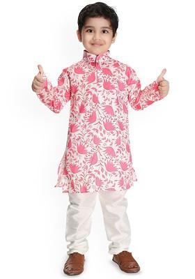 Pink Printed Blended Kurta Set For Boys