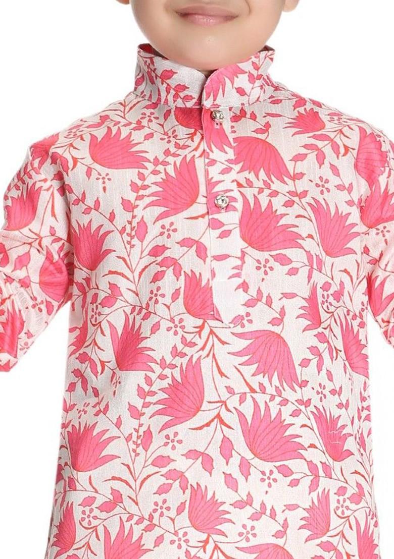 Pink Printed Blended Kurta Set For Boys - Indya