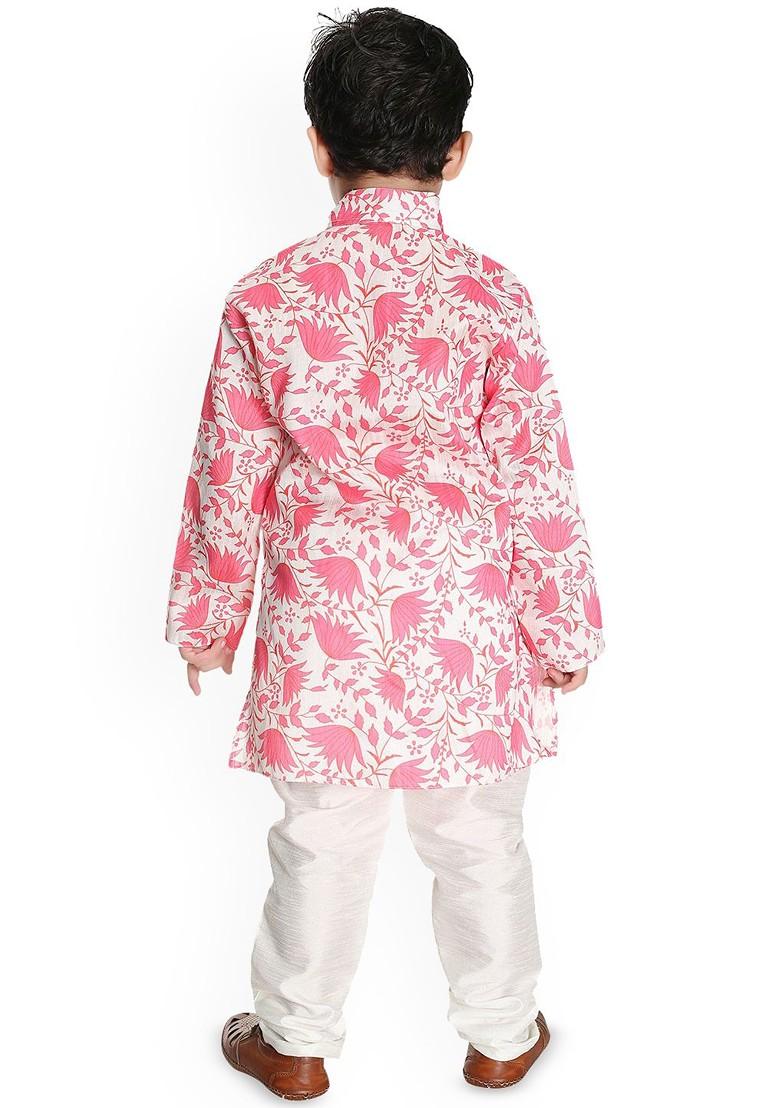Pink Printed Blended Kurta Set For Boys - Indya
