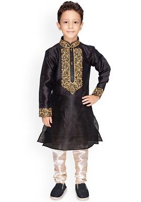 Black Floral Blended Kurta Set For Boys