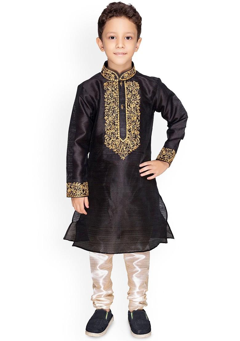 Black Floral Blended Kurta Set For Boys - Indya