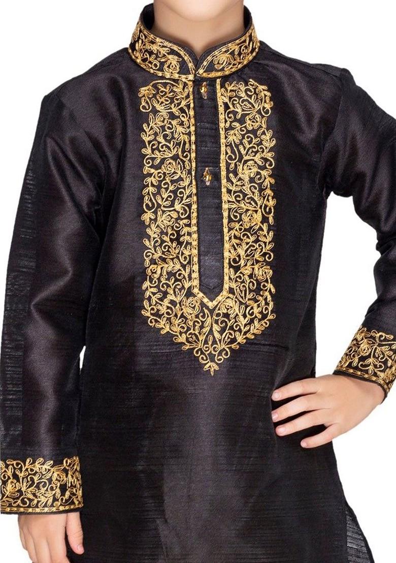 Black Floral Blended Kurta Set For Boys - Indya